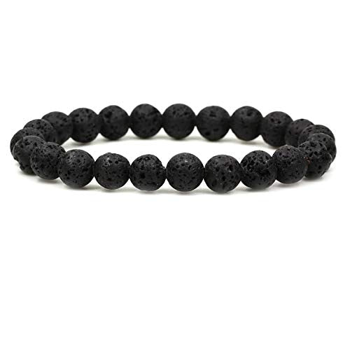 Keleny Gem Semi Precious Gemstones 8mm Natural Stone Round Beads Rock Crystal Jasper Stretch Bracelet 7 Inch Unisex - color: Black Lava