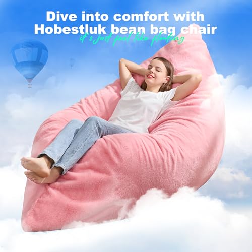 Hobestluk 3 in 1 Bean Bag Chair Giant Bean Bag Chairs for Adults with Chevron Plush Fur Cover Convertible Bean Bag Floor Cushion with Machine Washable Cover for Living Room (Plush Pink) - color: Hot Pink
