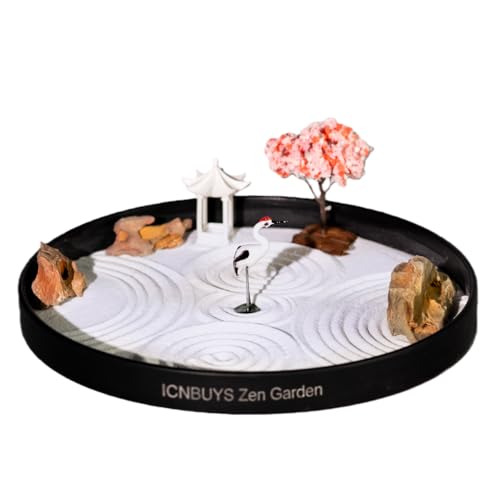 Zen Garden Crane, Pavilion and Sakura Set with Free Rakes and Pushing Sand Pen Base Tray Diameter 9.4 inches