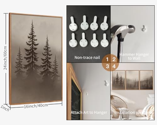 KYLESONLIE Misty Forest Framed Canvas Wall Art Set, Foggy Pine Tree Woodland Wall Decor, Calming Nature Zen Art Paintings, Minimalist Wood Landscape Artwork for Bedroom Living Room Office 16"x24"x3