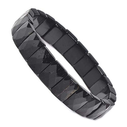 Justinstones Gem Semi Precious Gemstone 12mm Faceted Rectangle Beads Stretch Bracelet 7 Inch - color: Black Tourmaline
