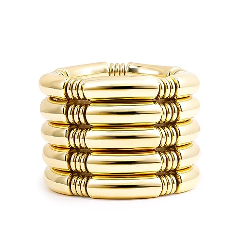 Gold Chunky Bangles Bracelets For Women 14k Gold Plated Stack Layered Curved Bamboo Tube Stretch Bracelets Gift Jewelry - color: 5pcs Gold