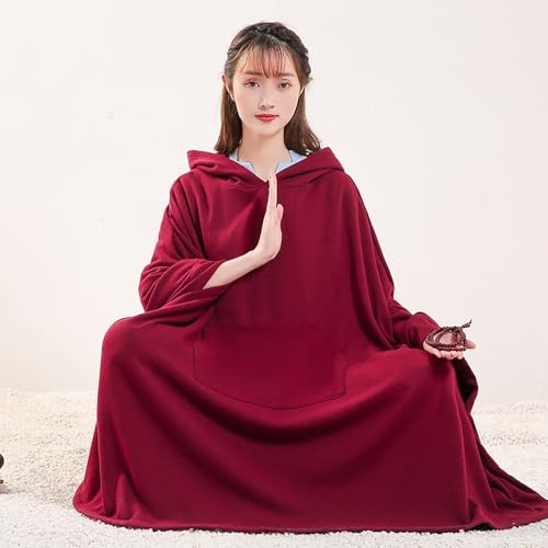 Unisex Meditation Buddhist Hooded Cloak Thickened Warm Loose Coat - color: Wine Red, size: XX-Large