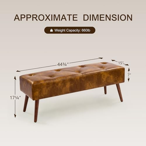 Furnimart Faux Leather Bench Ottoman, Tufted Button Bedroom Benches Footrest Stool in Solid Wood Legs, Long and Dining Bench, Indoor Bench for Entryway Living Room Bedroom (Leather-DustYellow) - color: Leather-dustyellow