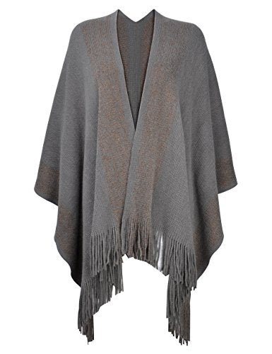 ZLYC Women's Shawl Golden Trim Knit Blanket Wrap Fringe Poncho Coat Cardigan - color: Grey