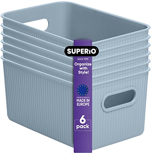 Superio Ribbed Collection - Decorative Plastic Basket Open Home Storage Bins Organizer, Medium Blue (6 Pack) Container Boxes for Organizing Closet Storage Bins for Shelves Drawer Shelf 5 Liter - size: 6 Pack, style: Bin - Medium (5 Liter)