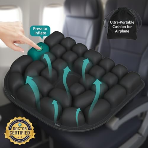 Inflatable Travel Seat Cushion for Airplane - Portable Air Cushion for Long Flights, Tailbone Pain Relief - Ergonomic Support for, Office Chair, Car, Wheelchair, Stadium