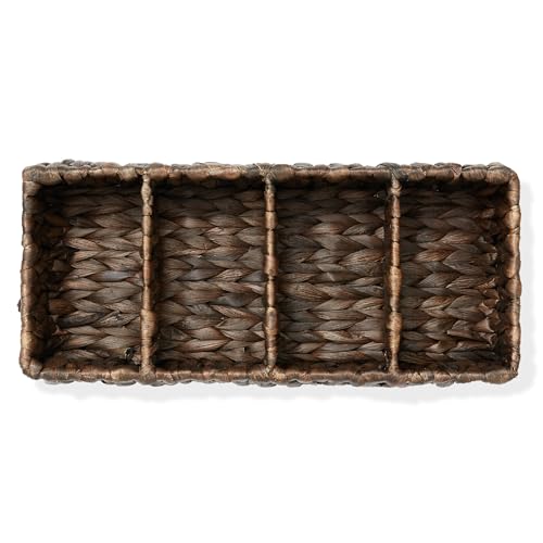 Casafield Set of 2 Water Hyacinth Basket Organizers with 4 Sections, Espresso - Woven Storage Bins for Bathroom, Laundry, Pantry, Office, Shelves