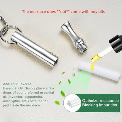 Breathing Necklace for Calm & Focus - Personal Essential Oil Diffuser for Anxiety Relief, Quit Smoking, Yoga and Meditation - Reusable Stainless Steel Pendant for Women Men - color: Silver
