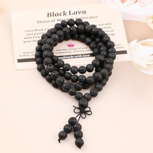 AD Beads 6mm 8mm 108 Prayer Mala Jasper Elastic Bracelet - Handmade Yoga Meditation Healing Power Energy Gifts for Unisex Adult. - color: Black Lava(Warmth)
