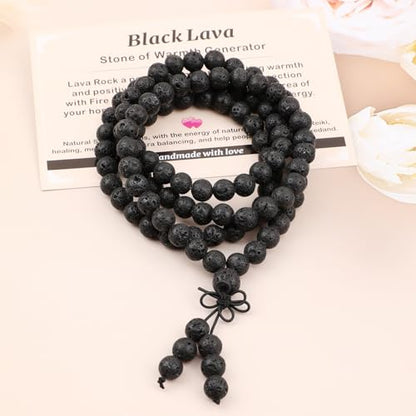 AD Beads 6mm 8mm 108 Prayer Mala Jasper Elastic Bracelet - Handmade Yoga Meditation Healing Power Energy Gifts for Unisex Adult. - color: Black Lava(Warmth)