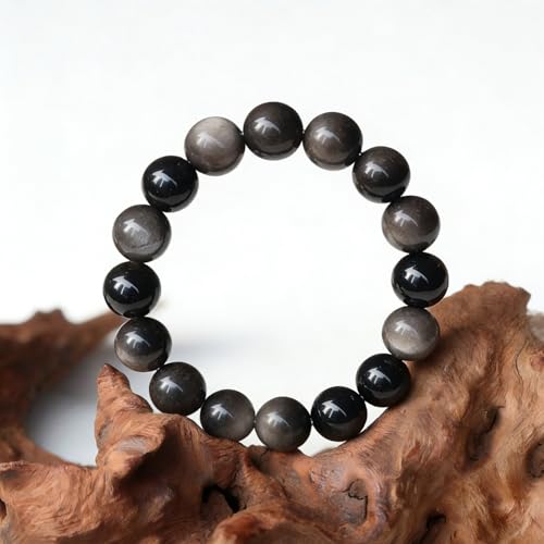 Natural Handmade Healing Chakra Bracelet - color: 12mm-Silver Obsidian-FOR 8-8.7 INCH WRIST