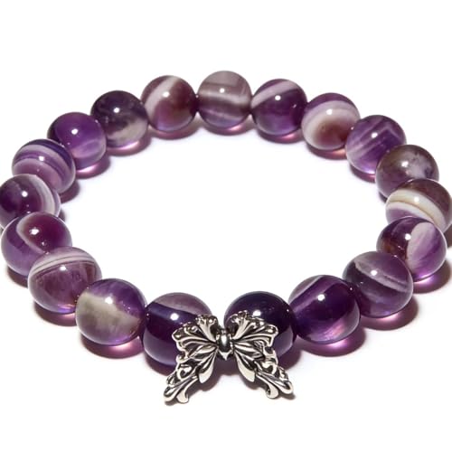 Natural Handmade Healing Chakra Bracelet - color: 10mm-Amethyst-Butterfly-FOR 7-8 INCH WRIST