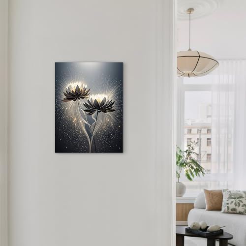 ketilly Black Lotus Canvas Print- Mystic Zen Wall Art with Gold Dust Effect, Modern Abstract Painting, Celestial Artwork for Living Room, Bedroom, Meditation Space 12''x15''