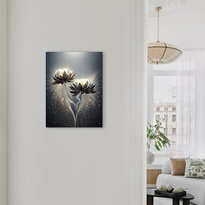 ketilly Black Lotus Canvas Print- Mystic Zen Wall Art with Gold Dust Effect, Modern Abstract Painting, Celestial Artwork for Living Room, Bedroom, Meditation Space 12''x15''