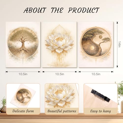 Bnesi 3-Piece Zen Wall Art Set Tree of Life & Lotus Flower Wall Art Large Wall Art for Living Room Tree Art & Tree of Life Wall Art Ideal Artwork for Walls Stylish Wall Decor Art (Classic)