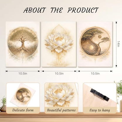 Bnesi 3-Piece Zen Wall Art Set Tree of Life & Lotus Flower Wall Art Large Wall Art for Living Room Tree Art & Tree of Life Wall Art Ideal Artwork for Walls Stylish Wall Decor Art (Classic)