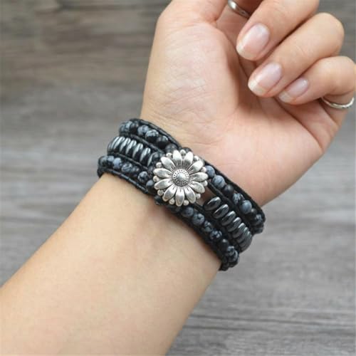 YGLINE Boho Handmade Natural Stone Bead 3 Row Wide Wrap Wrist Statment Bracelet Jewelry Collection - color: Black Mix
