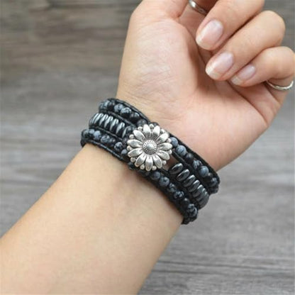YGLINE Boho Handmade Natural Stone Bead 3 Row Wide Wrap Wrist Statment Bracelet Jewelry Collection - color: Black Mix