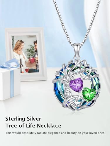 TOUPOP s925 Sterling Silver Family Celtic Tree of Life Pendant Necklaces with 2 Heart Birthstone with Blue Austrian Crystal Jewelry Birthday Valentines Day Gifts for Her, Anniversary Christmas Gifts for Wife Girlfriend Mom (18K Real White Gold Filled) - c