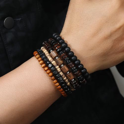 Puka Shell Bracelet for Men Wooden Bracelets Turquoise Stack Beaded Minimalist Trendy Jewelry for Friend Gift - style: 6pcs-Black