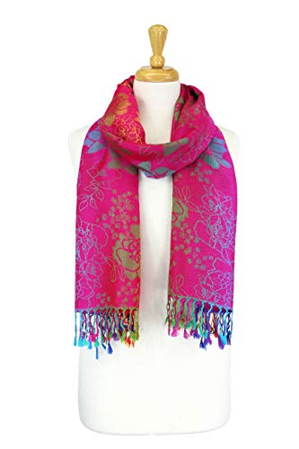 PASKMLNA Double Side Multi Colors Silky Tropical Colorful Exotic Pashmina Wrap Shawl Scarf Rave - color: 051-hotpink Multi Feathers