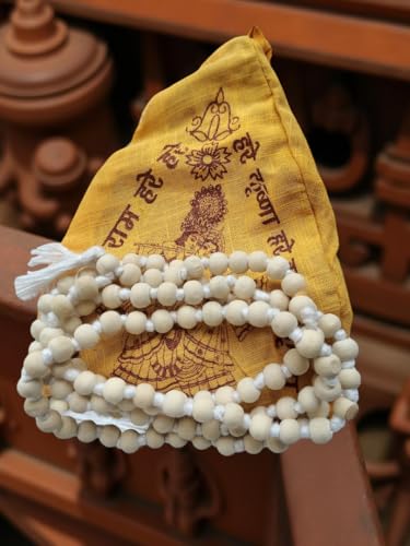 BHAVICREATION Tulsi Mala 108 Beads for Neck with Gaumukhi Jap Mala Bag for Pooja Worship (White Tulsi Mala 8 mm) - color: White Tulsi Mala 8 MM