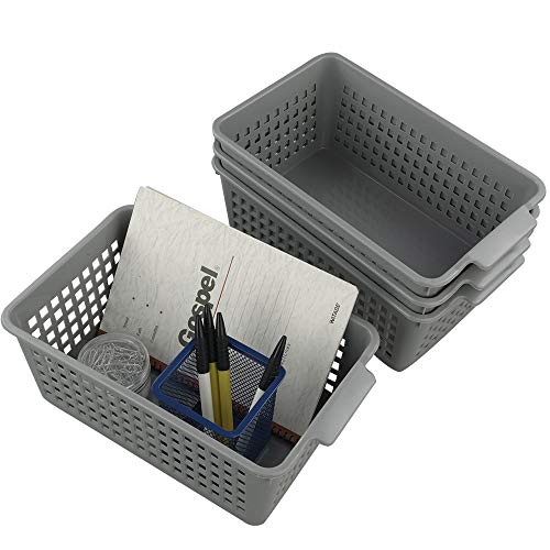 Plastic Storage Baskets Set, Grey, 4 Packs Small Desktop Storage Basket Bin - size: shelf baskets