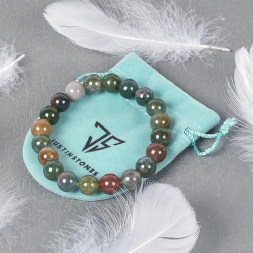 Justinstones Gem Semi Precious Gemstone 10mm Round Beads Stretch Bracelet 7 Inch Unisex - color: Multi-Color Indian Agate