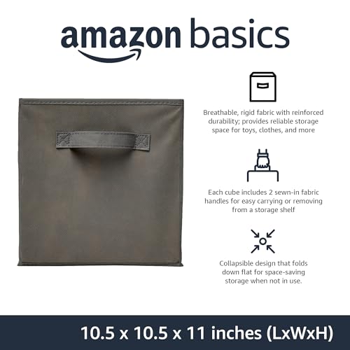 Amazon Basics Collapsible Fabric Storage Cubes Organizer with Handles, Sturdy, Foldable, Space-Saving, 10.5"x10.5"x11", Gray, 6-Pack