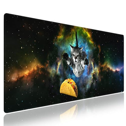 XXL Gaming Mouse Pad with Stitched Edges for PC Home & Office - Curious Cat Flying Through Galaxy Space Reaching for a Taco Cute Kitten Funny Design, Smooth Fabric Surface Large Desk Mat - color: Curious Cat
