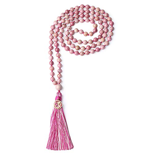 COAI OM Charm Hand Knotted Tassel 108 Mala Beads Necklace - color: Rhodonite, size: 8mm