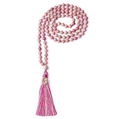 COAI OM Charm Hand Knotted Tassel 108 Mala Beads Necklace - color: Rhodonite, size: 8mm