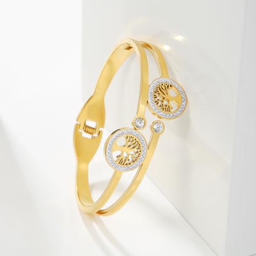 Gold Bangle for Women - 18K Gold Plated Stainless Steel Love Friendship Crystal Bracelets with Cubic Zirconia - color: A-TREE GOLD