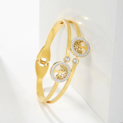 Gold Bangle for Women - 18K Gold Plated Stainless Steel Love Friendship Crystal Bracelets with Cubic Zirconia - color: A-TREE GOLD