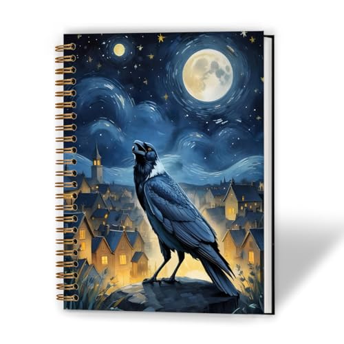 XUNLURY Starry Night Crow Notebook, Dark Academia Gothic Journal, Mystical Celestial Witchy Journal, Whimsical Moon Star Sky Raven Hardcover Spiral Notebooks, 5.5x8.3 Inch - color: Color_12