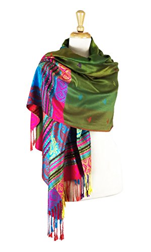 PASKMLNA Double Side Multi Colors Silky Tropical Colorful Exotic Pashmina Wrap Shawl Scarf Rave - color: #4olive Green