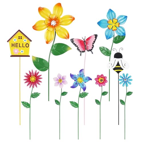 hogardeck Garden Decor for Outside, Set of 10 Metal Flowers Decorative Garden Stakes for Spring Decor, Gardening Gifts for Women Mom Grandma Wife, Yard Art Outdoor Lawn Porch Pathway Decorations - color: color a