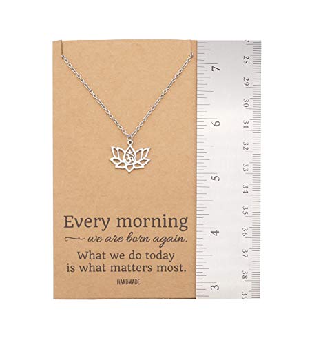 quan jewelry Yoga Lotus Flower Pendant Necklace with Om Symbol, Happy Birthday Gifts Ideas for Mom, Daughter, Women with Inspirational Quote on Gift Card - color: Silver-Tone