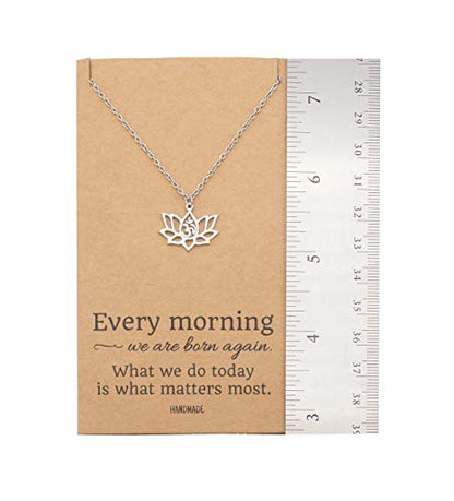 quan jewelry Yoga Lotus Flower Pendant Necklace with Om Symbol, Happy Birthday Gifts Ideas for Mom, Daughter, Women with Inspirational Quote on Gift Card - color: Silver-Tone