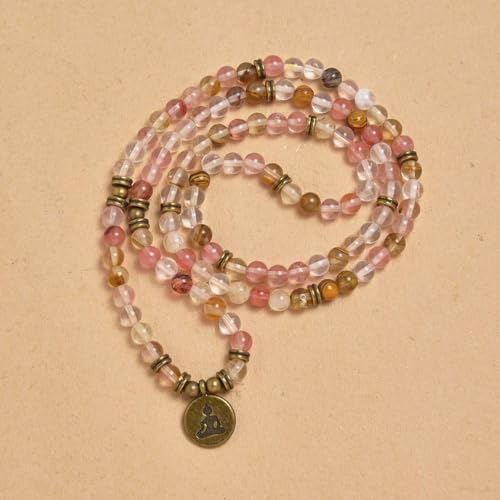 108 Mala Beads Bracelet Necklace with Yoga Symbol Buddha Charm – Gold-Plated Meditation Jewelry, Healing Stone, Ideal Spiritual Gift for Yoga & Meditation - style: Watermelon Tourmaline