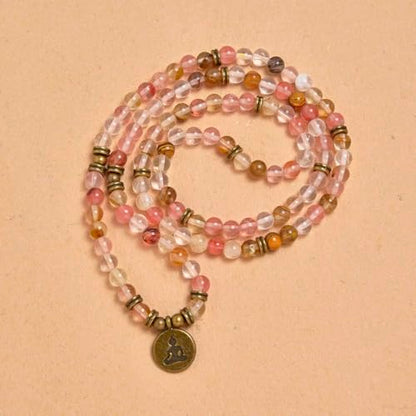 108 Mala Beads Bracelet Necklace with Yoga Symbol Buddha Charm – Gold-Plated Meditation Jewelry, Healing Stone, Ideal Spiritual Gift for Yoga & Meditation - style: Watermelon Tourmaline
