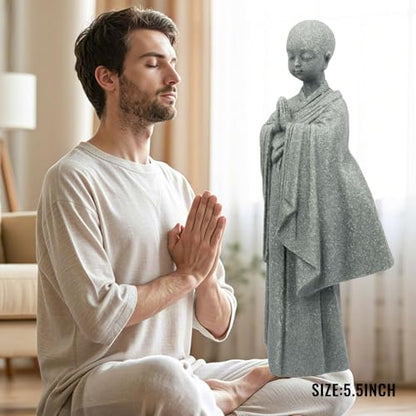 Stone Buddha Statue for Desk, Meditating Monk Statue with Praying Hands, Minimalist Sandstone, Exquisite Asian Zen Decor for Home/Office (5.3 Inch)