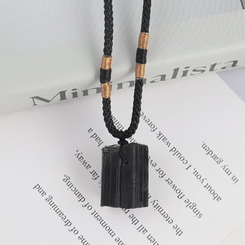 Natural unprocessed crystal raw stone hand woven rope adjustable necklace pendant for both men and women - color: A-Black Tourmaline1