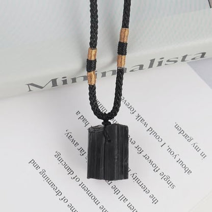Natural unprocessed crystal raw stone hand woven rope adjustable necklace pendant for both men and women - color: A-Black Tourmaline1