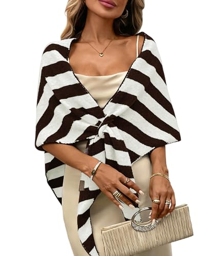 Womens Knitted Shawl Wraps Casual Solid Color Cape Scarf Comfortable Triangle Pashmina Shoulder Sweater - color: Stripes Coffee