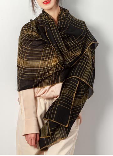 Luxury Cashmere Pashmina Style Shawl - Silk & Wool Blend Scarf, Lightweight Skin-Friendly Wrap - color: Black + Yellow (Checkered)