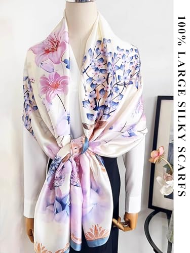 Large Shawl Scarf For Women Lightweight Wraps Silky Headscarf Long Sunscreen Scarfs - color: T21 Light Purple & Blue Edge / 70"x 35"