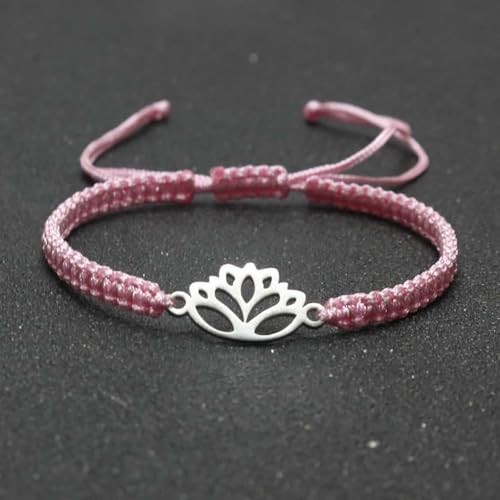 Lotus Symbol Bracelet for Women - Adjustable Cord, Silver Pendant, Spiritual Jewelry Gift - style: Rose Pink