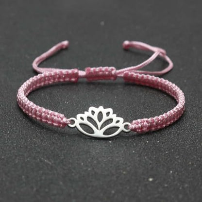 Lotus Symbol Bracelet for Women - Adjustable Cord, Silver Pendant, Spiritual Jewelry Gift - style: Rose Pink